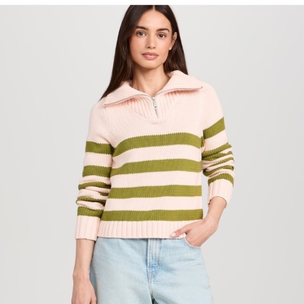 KULE The Matey Sweater Pink‎ Green Striped Quarter Zip Cotton Pullover Size M